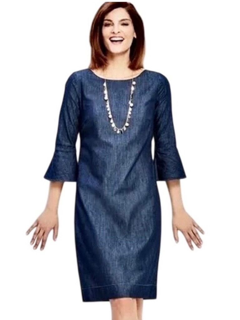 Talbots Denim Shift Dress Bell Sleeves Boat Neck Sz 10p